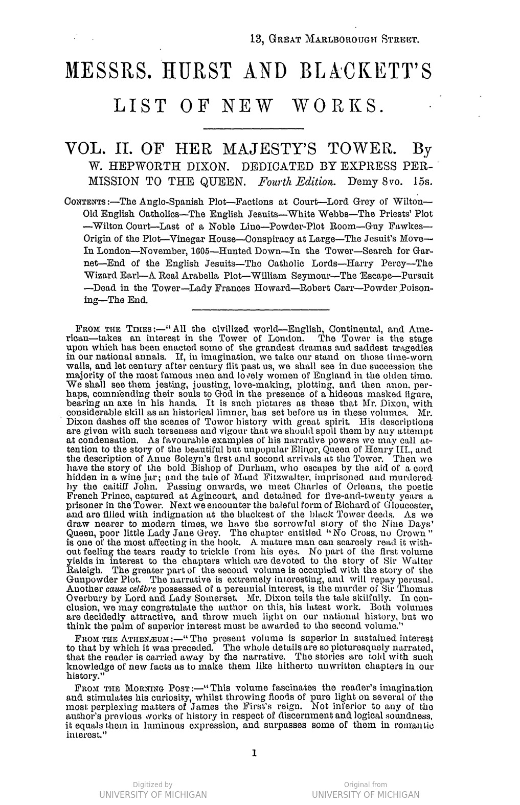 A Hurst and Blackett Book List from the back pages of Annals of Eventful Life by George Webbe Dasent (1870).